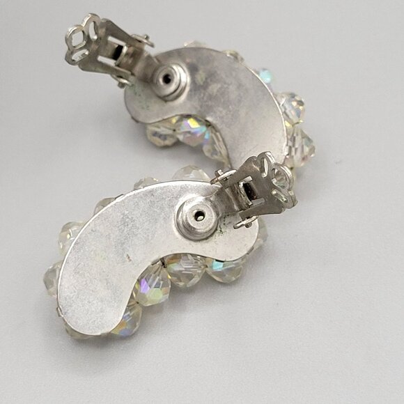 Vintage AB Aurora Borealis Crystal Curved Clip On Earrings 1940s - Picture 4 of 6